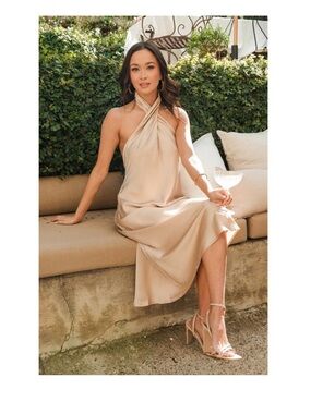 Show Me Your Mumu Jasmine Midi Dress in Champagne Luxe Satin S